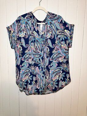 Jules and James Navy Blue Paisley Floral V-Neck Blouse Top
